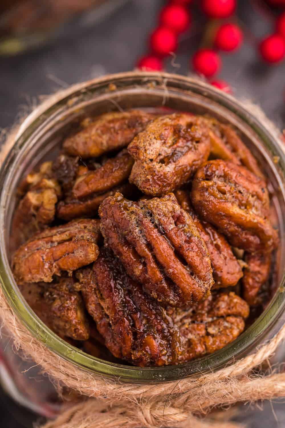 a jar of air fryer candied pecans