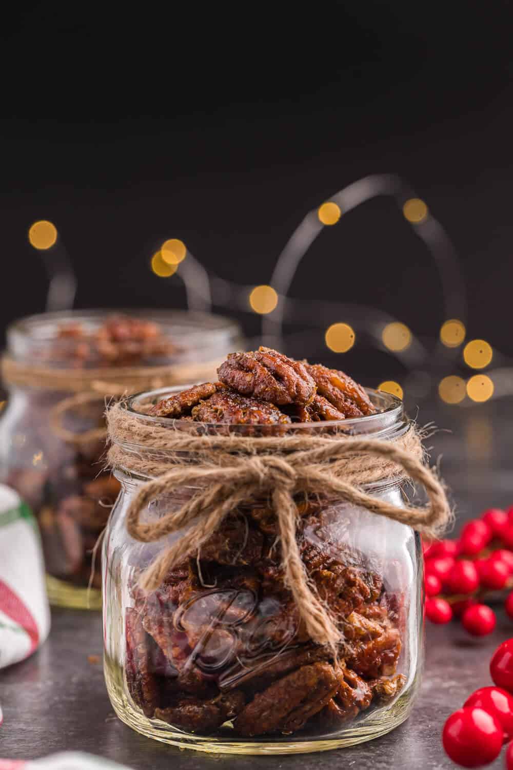 a jar of air fryer candied pecans