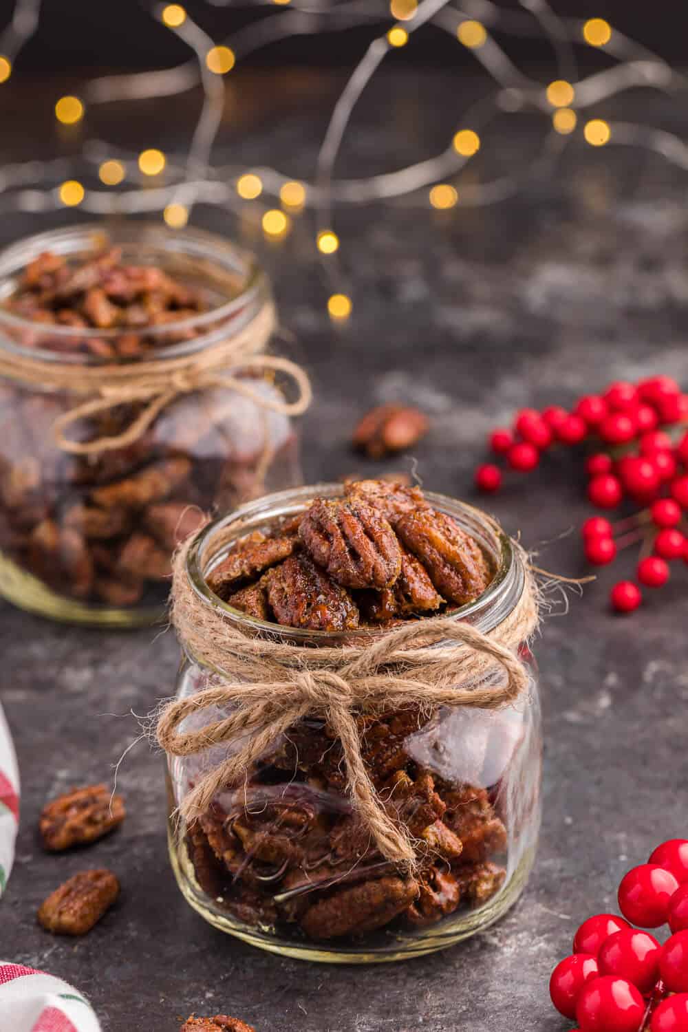 a jar of air fryer candied pecans