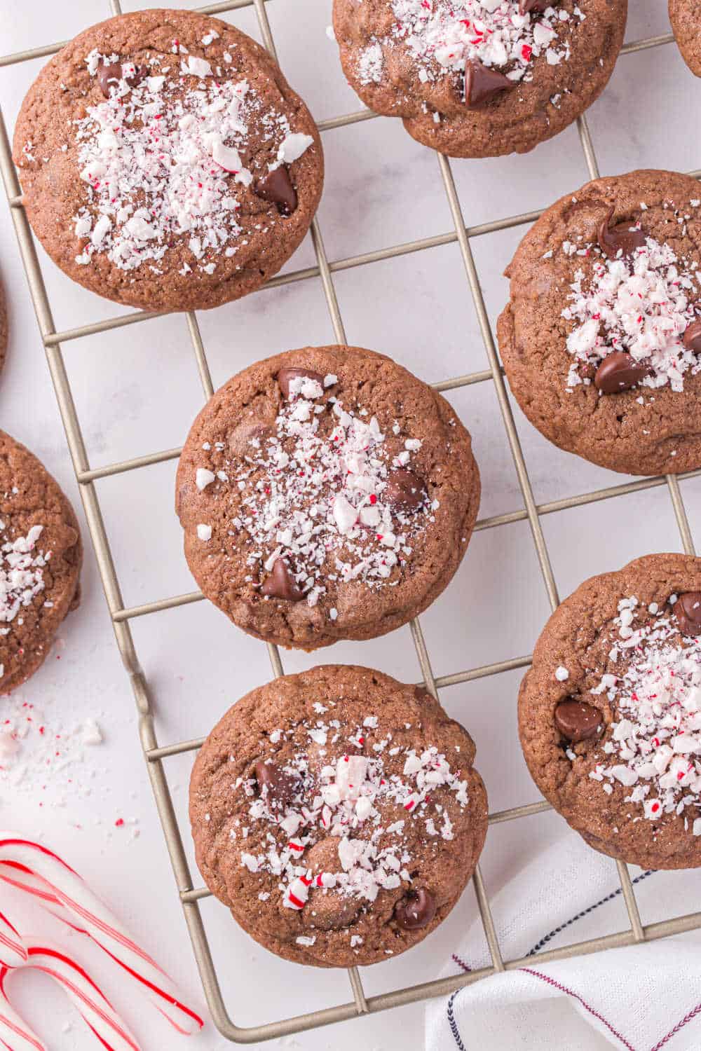 chocolate peppermint cookies on a wire baking rack