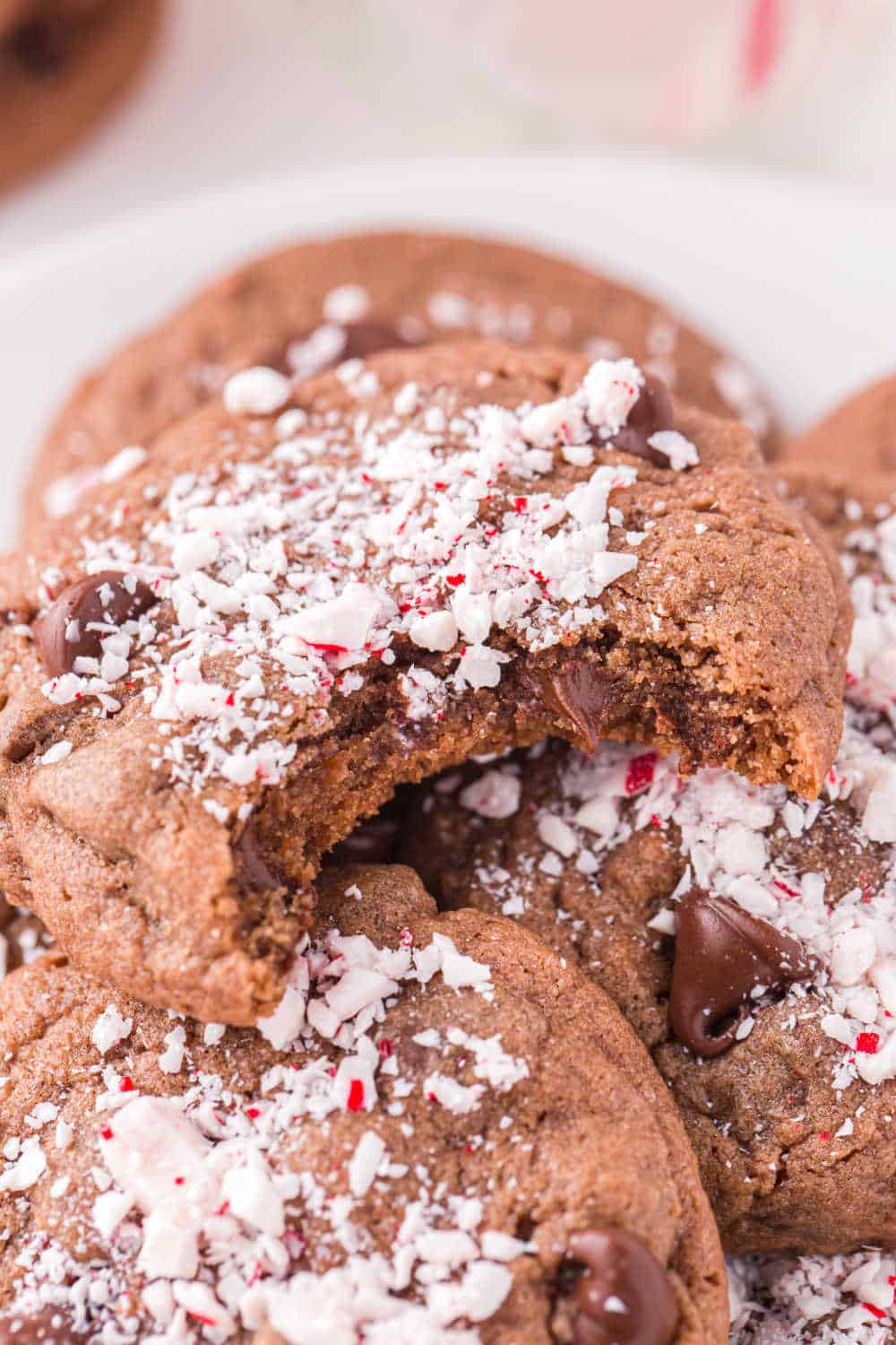 a chocolate peppermint cookie with a bite out of it