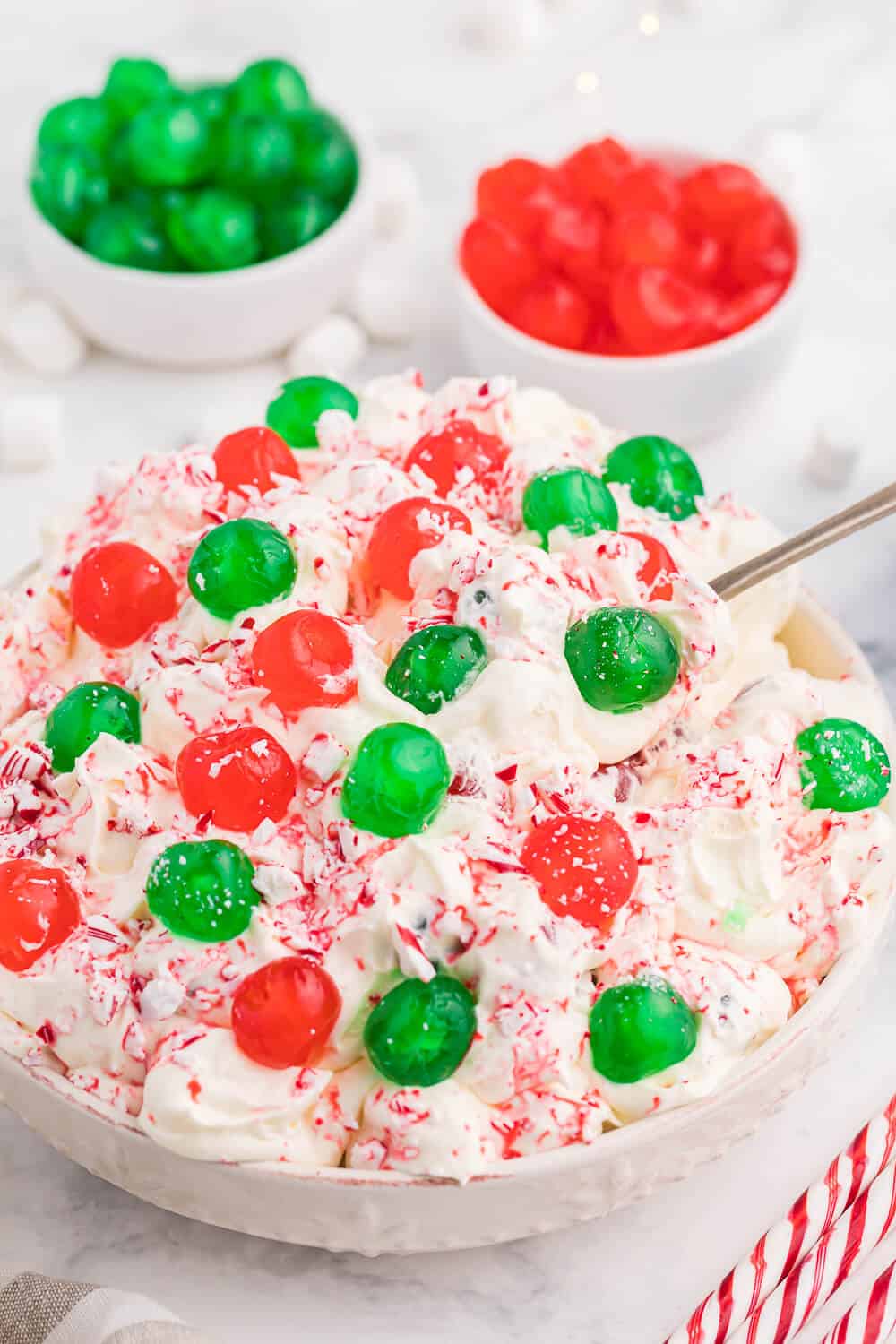 christmas fluff in a serving bowl with a spoon