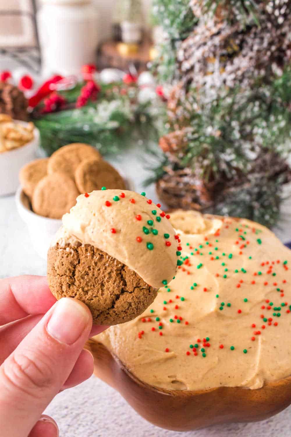 ginger snap cookie with gingerbread dip on it