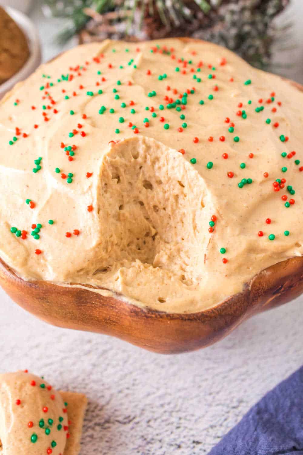 gingerbread dip with some dip removed from the bowl