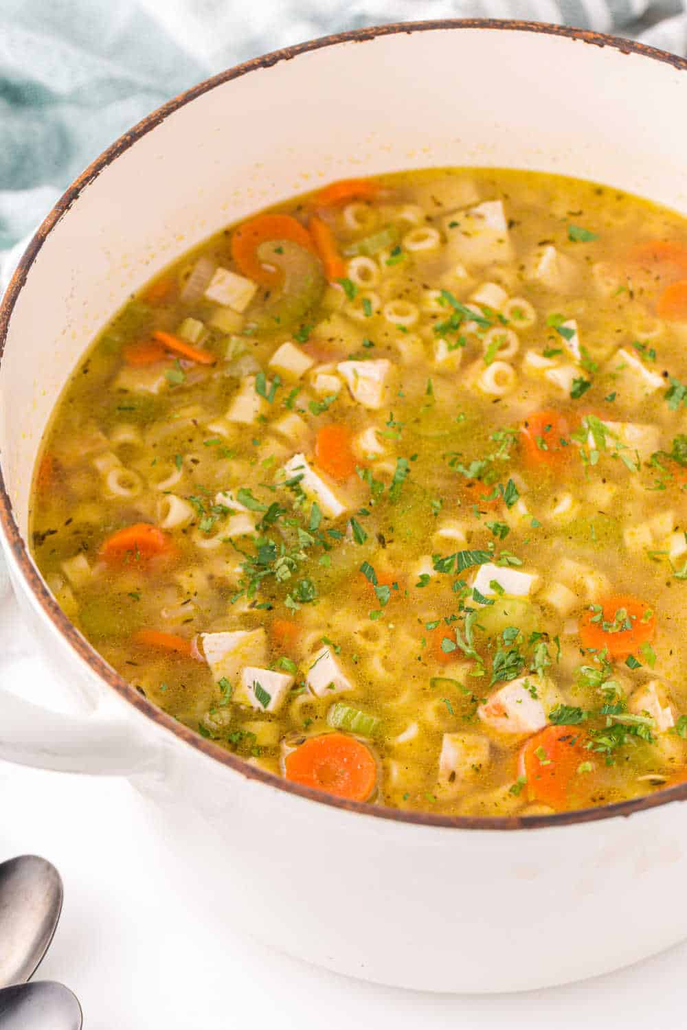 A pot of leftover turkey soup