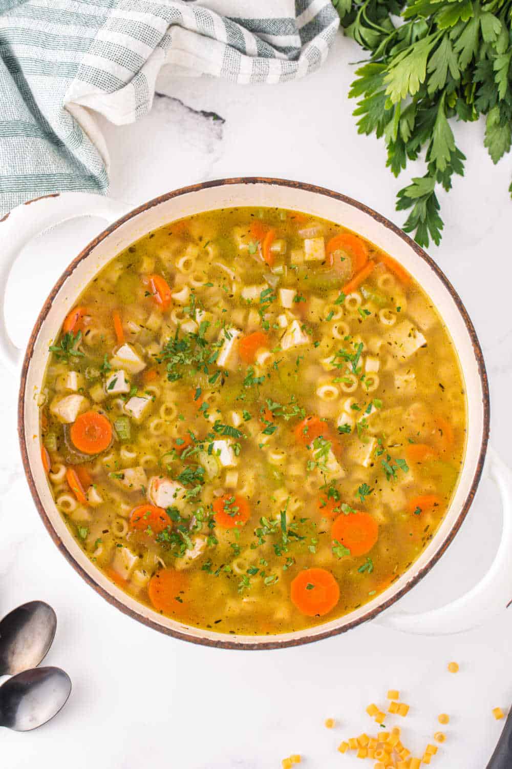 a pot of leftover turkey soup