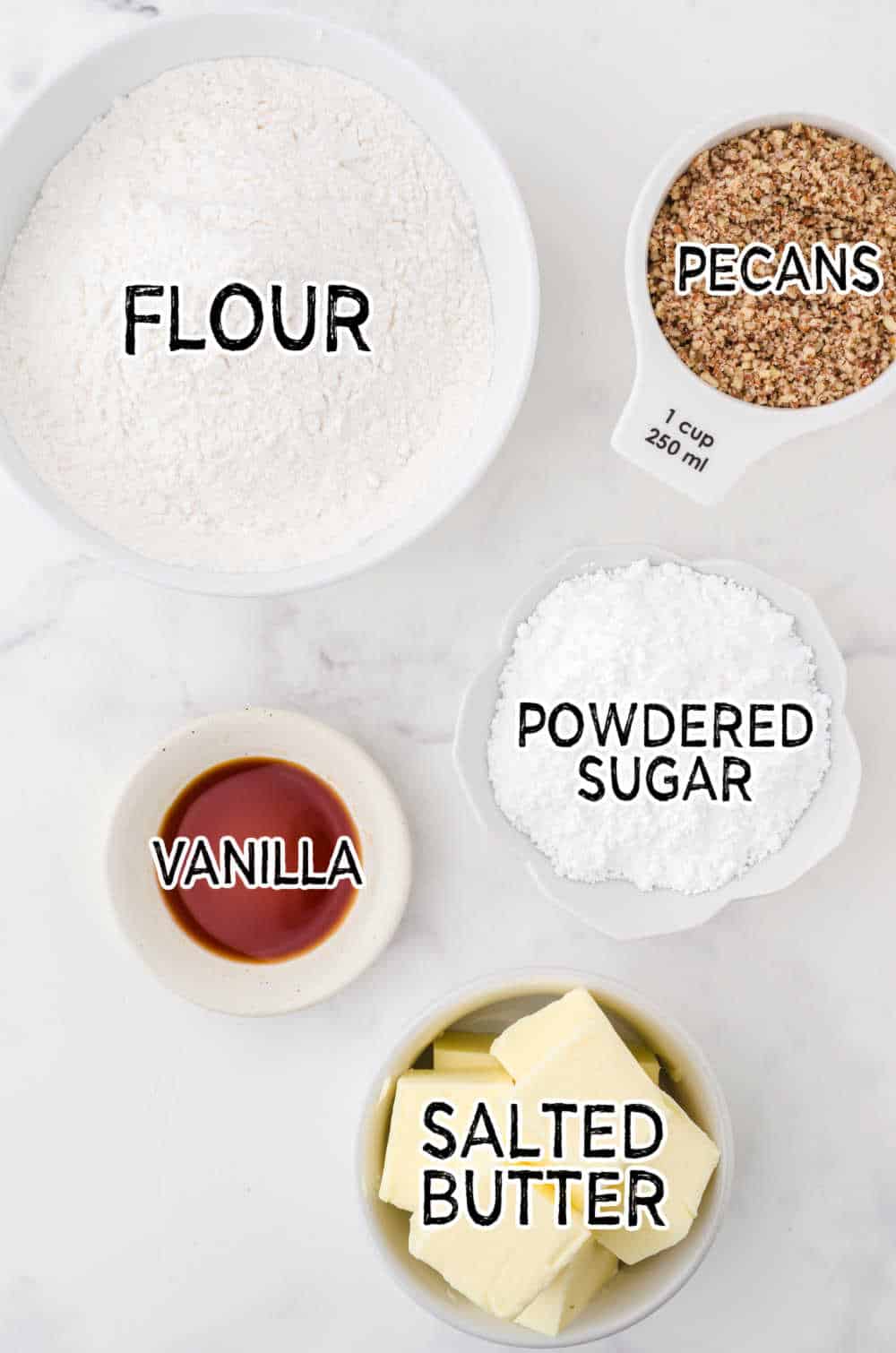 ingredients to make snowball cookies