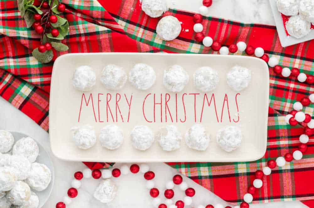 snowball cookies on a christmas platter