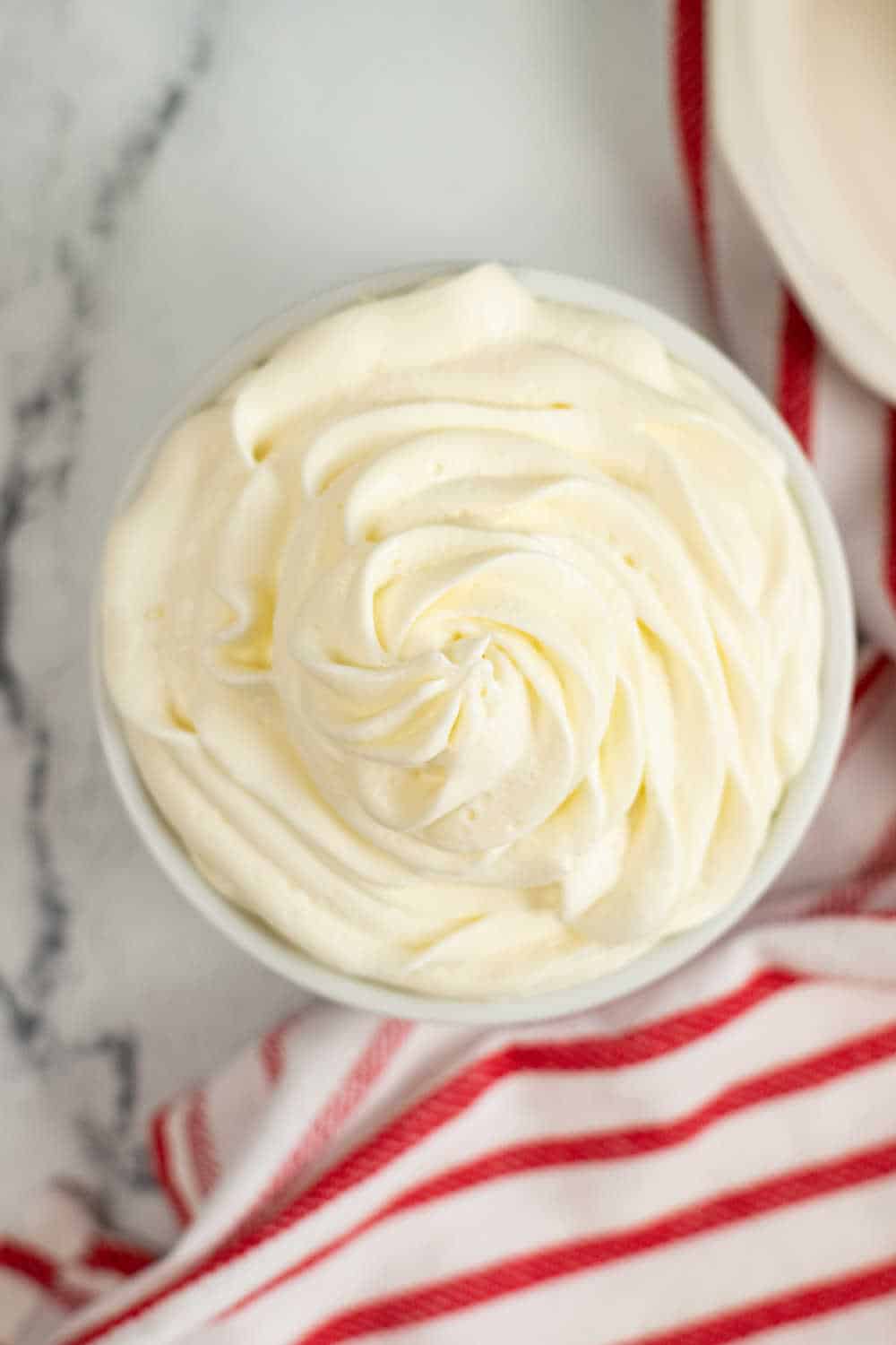 A bowl of stabilized whipped cream.