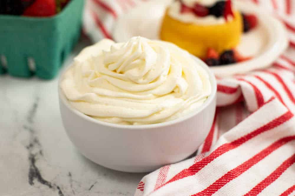 Stabilized whipped cream in a bowl.