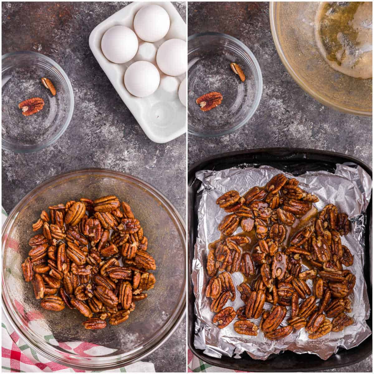Collage of mixing the pecans and putting in the air fryer.