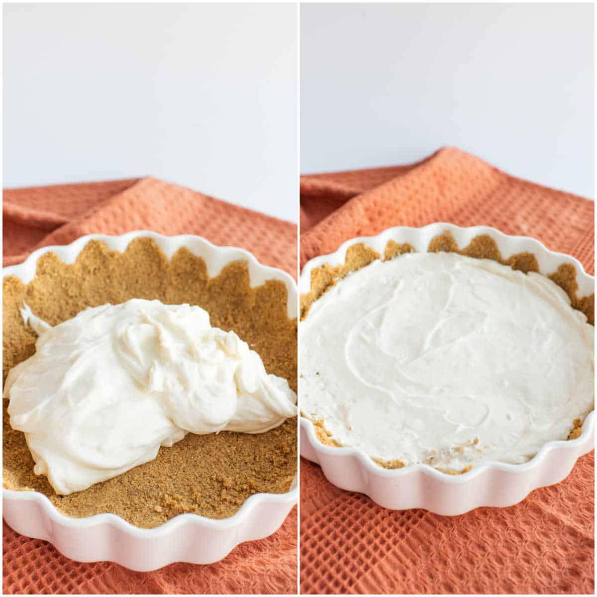 adding the cheesecake layer to the pie crust