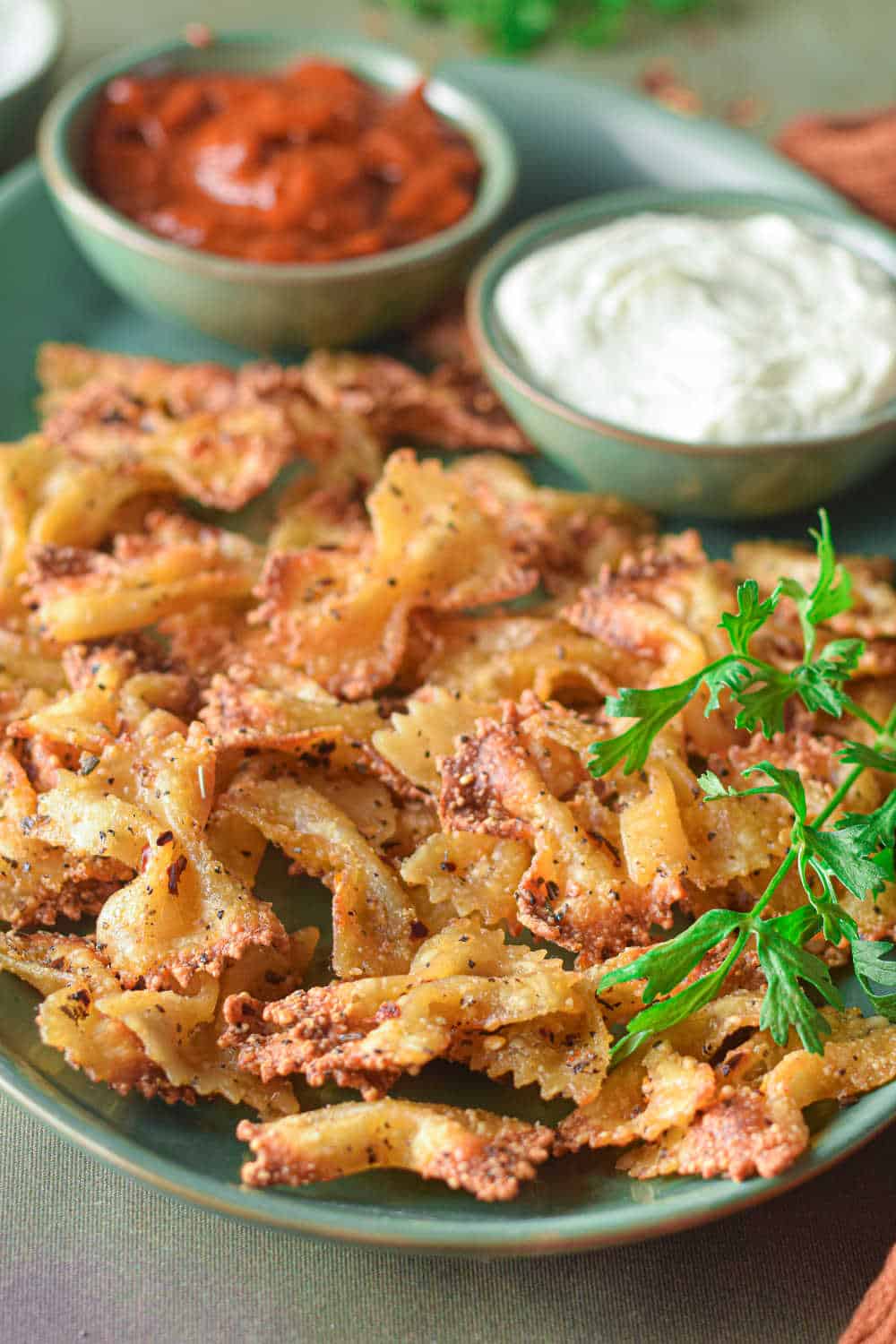 air fryer pasta chips on a platter