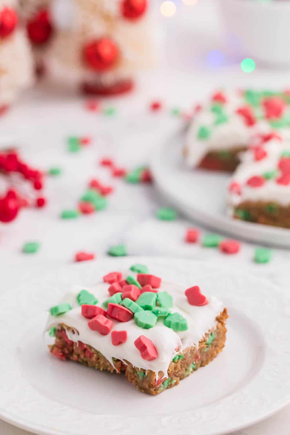 a christmas chewy bar on a white plate