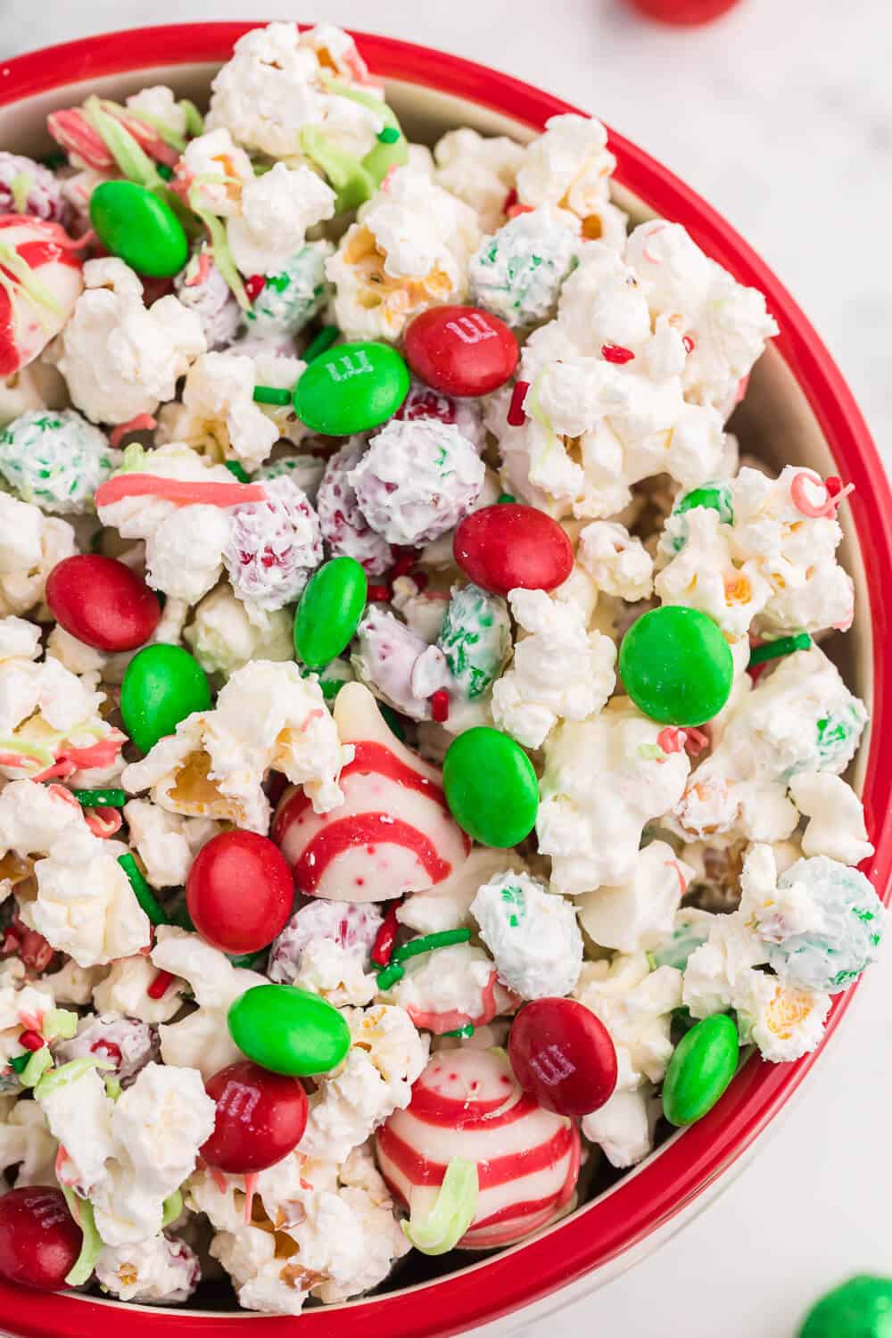 christmas popcorn in a holiday bowl