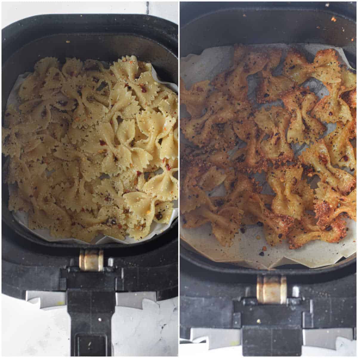 Collage of cooking the recipe in an air fryer.