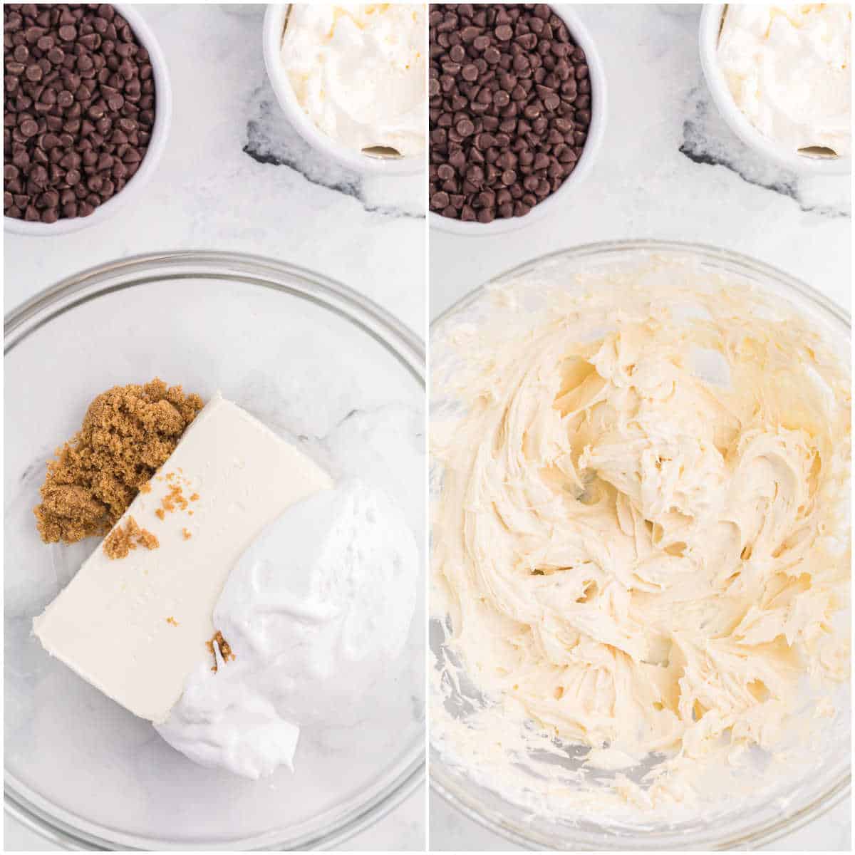 Collage of mixing the ingredients in a bowl.
