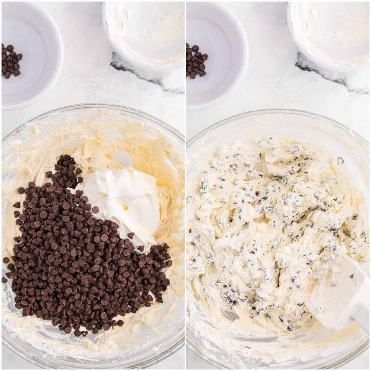 Collage of mixing the remaining ingredients in the bowl.