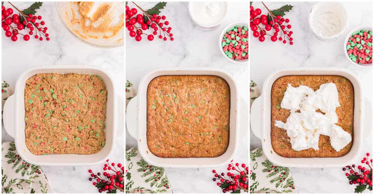 Collage of adding ingredients to a baking pan.