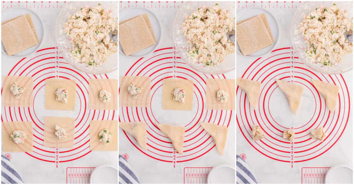 Collage of folding the wonton wrappers.