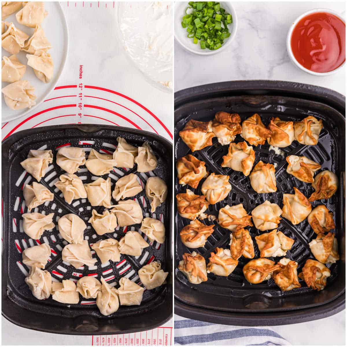 Collage of air frying the recipe.