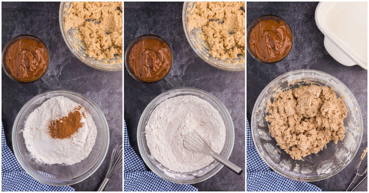 Steps to make cookie bar base for dulce de leche bars.