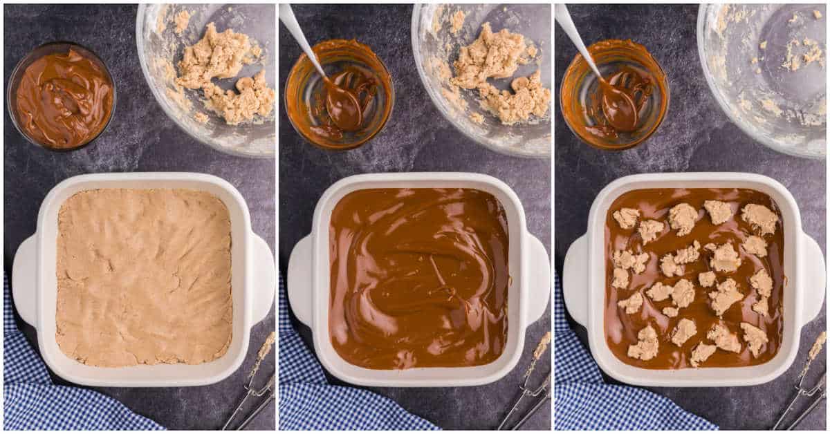 Assembly of dulce de leche bars in baking pan.