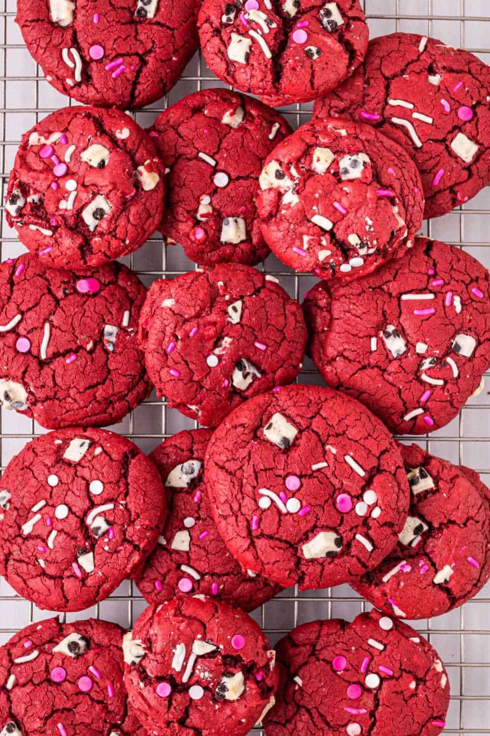 red velvet cookies on a cooling rack