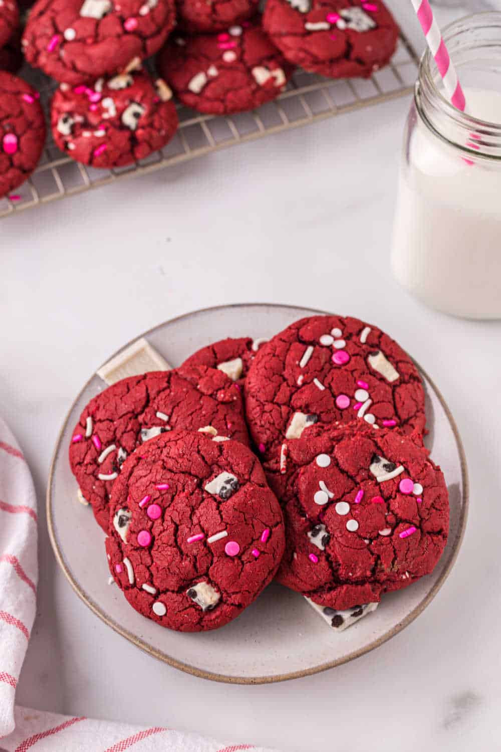 red velvet cookies on a white plate