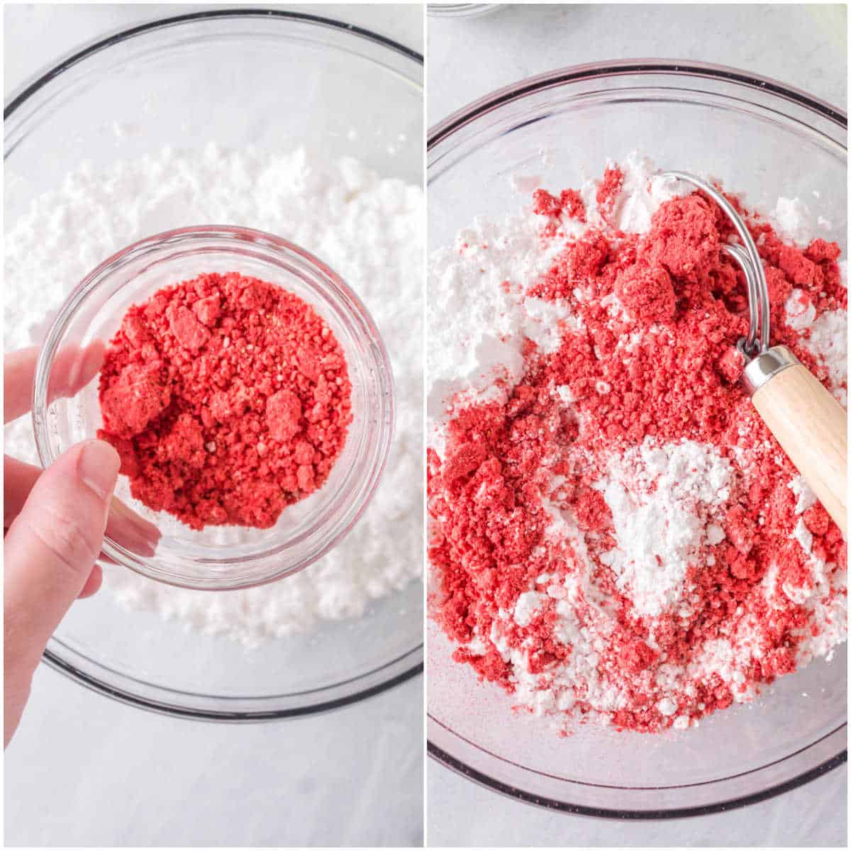 strawberry buttercream frosting prep