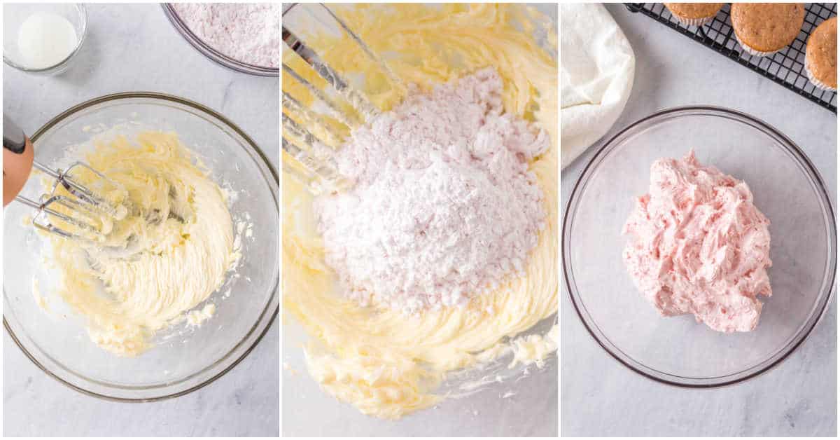 strawberry buttercream frosting prep