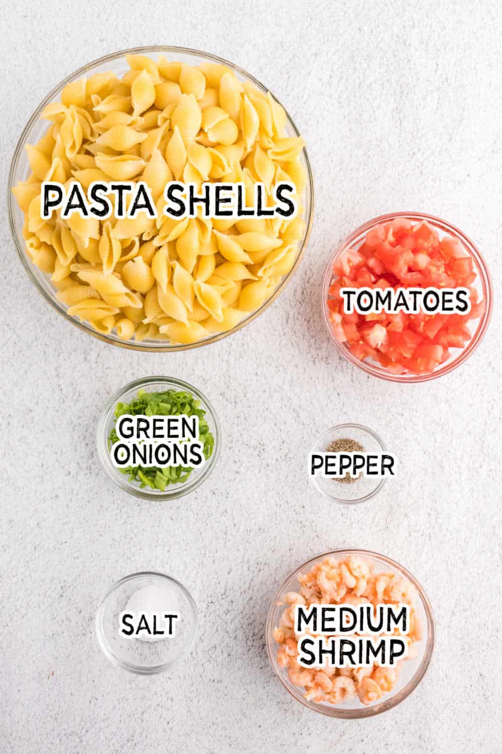 Ingredients to make shrimp pasta salad.