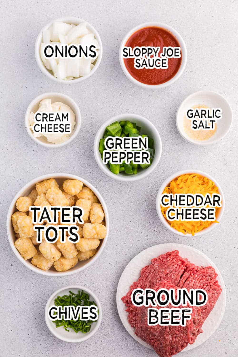 Ingredients to make sloppy joe tater tot casserole.