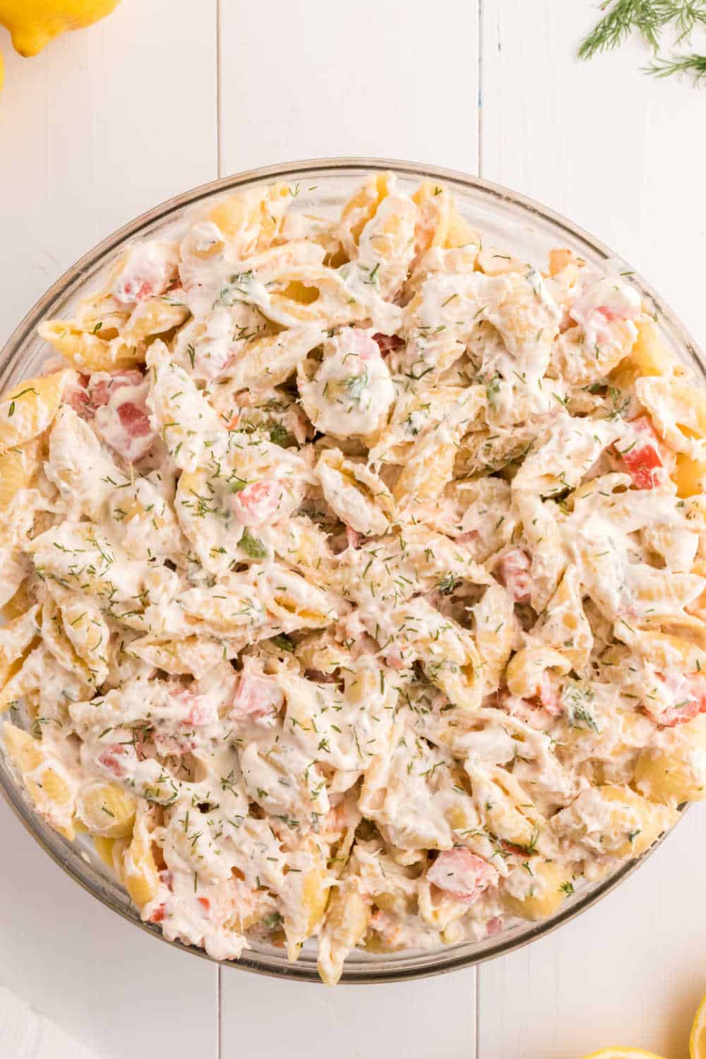 A bowl of shrimp pasta salad.