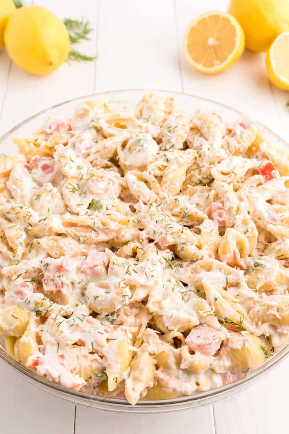 A bowl of shrimp pasta salad.