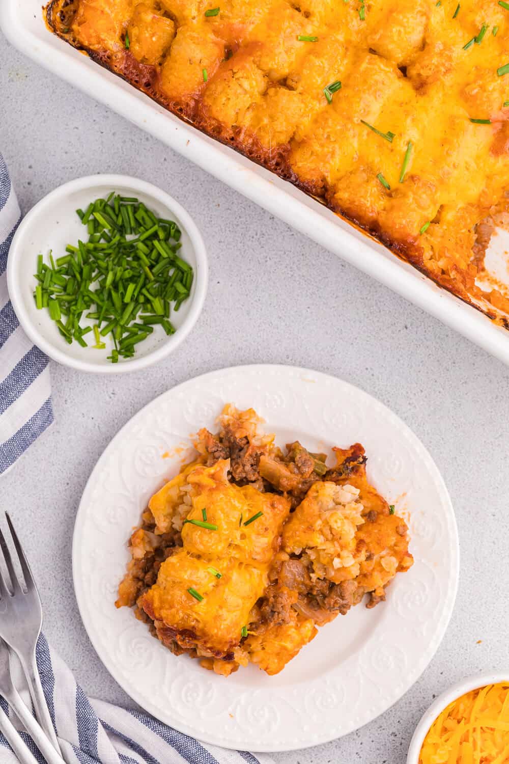 Sloppy joe tater tot casserole served on a plate.