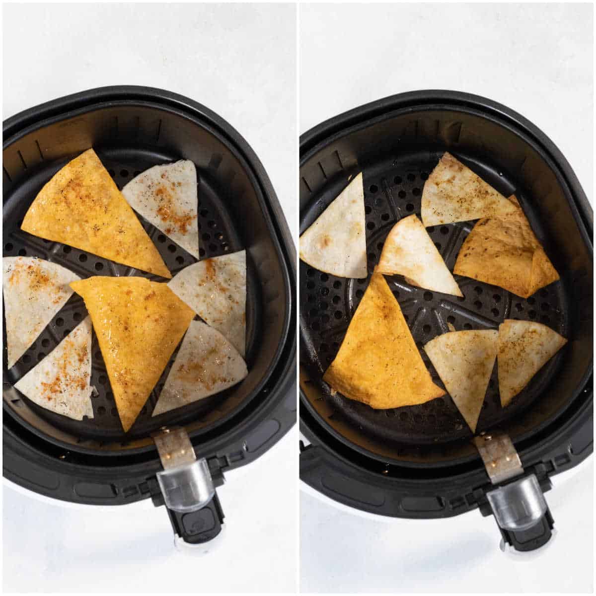 Steps to make air fryer tortilla chips.