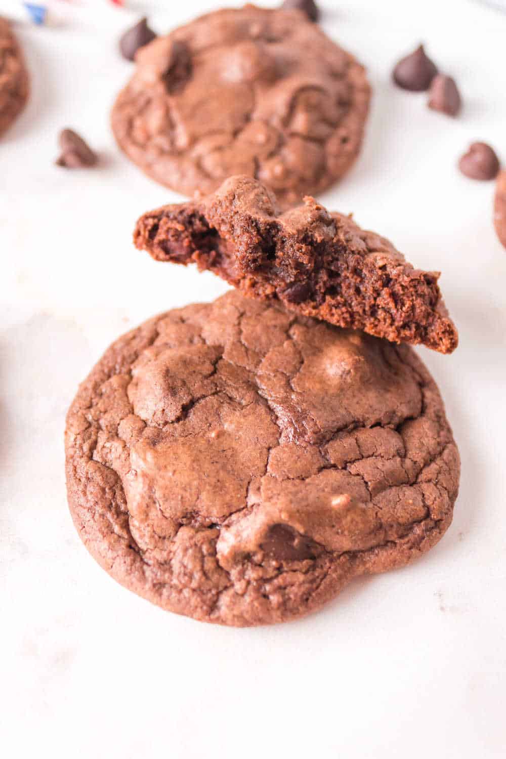 brownie mix cookies with a cookie cut in half