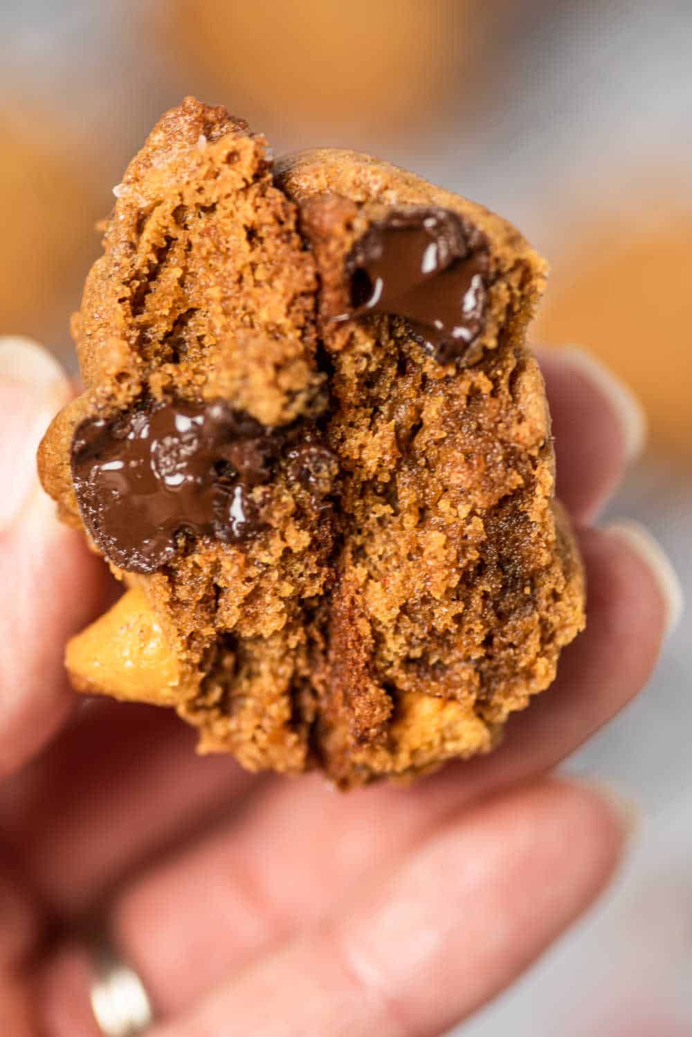 A hand holding a chocolate chip pudding cookie with a bite out of it.