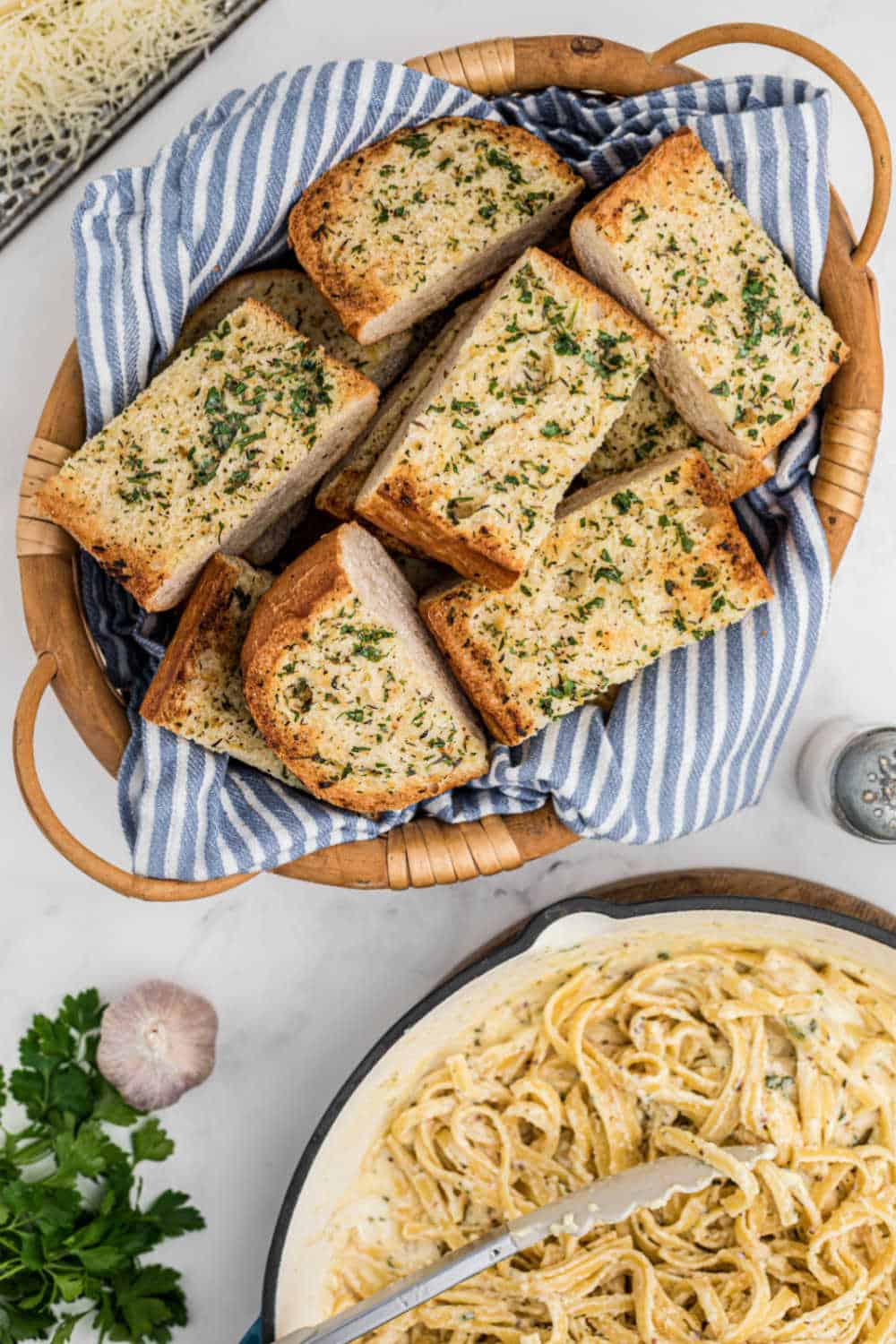 Cut garlic brad in a basket.