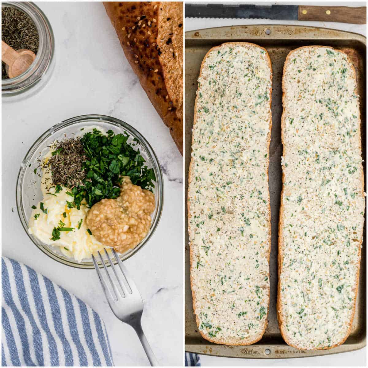 Steps to make garlic bread.