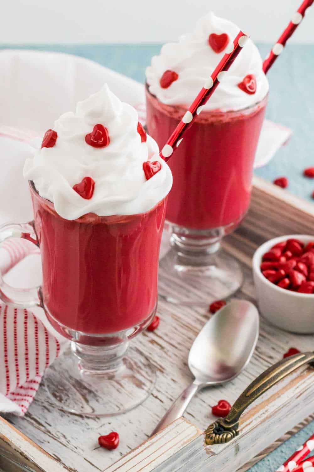 two mugs of red velvet hot chocolate decorated for Valentine's day