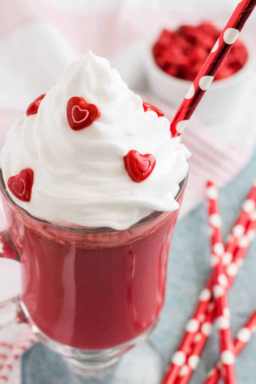 a mug of red velvet hot chocolate decorated for Valentine's day