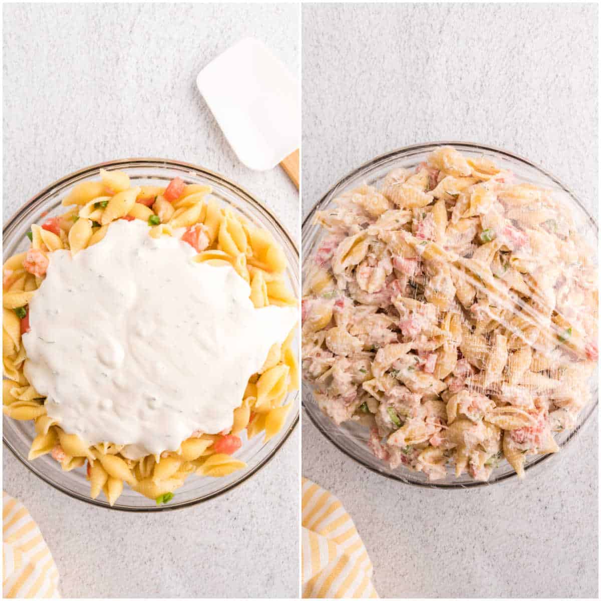Steps to make shrimp pasta salad.