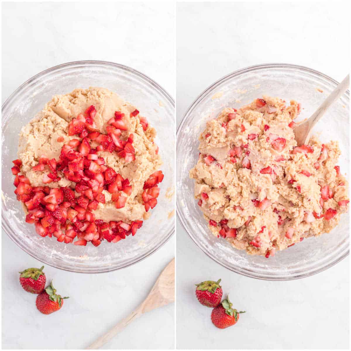 Strawberries folded into cookie batter in a bowl.