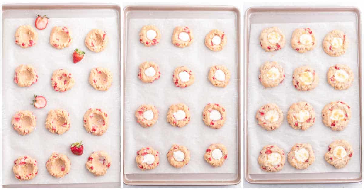 Strawberry Cheesecake Cookies getting ready to bake on a cookie sheet.