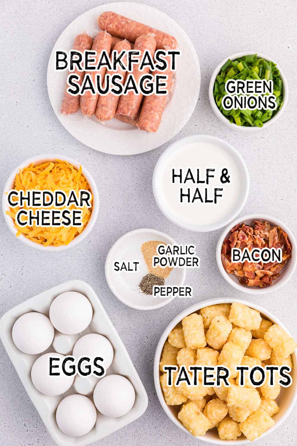 Ingredients to make tater tot breakfast casserole.