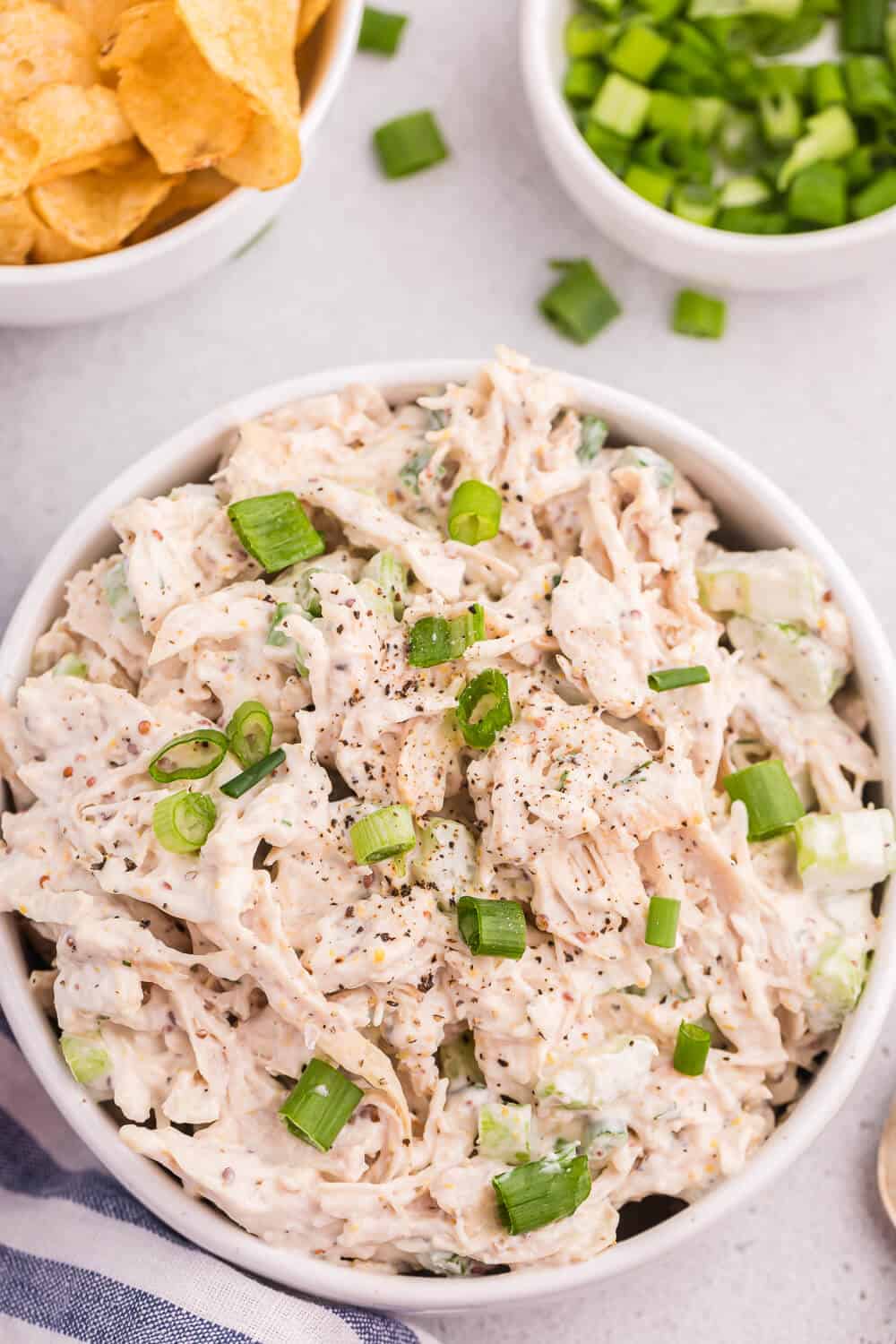 A bowl of classic chicken salad.