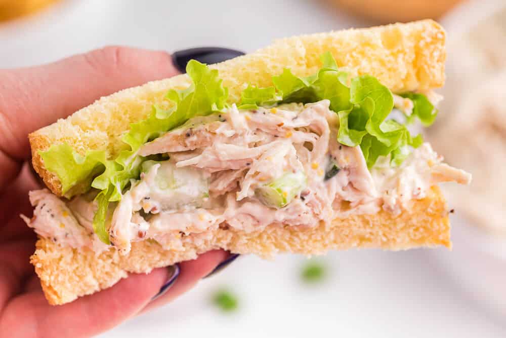 A hand holding a chicken salad sandwich.