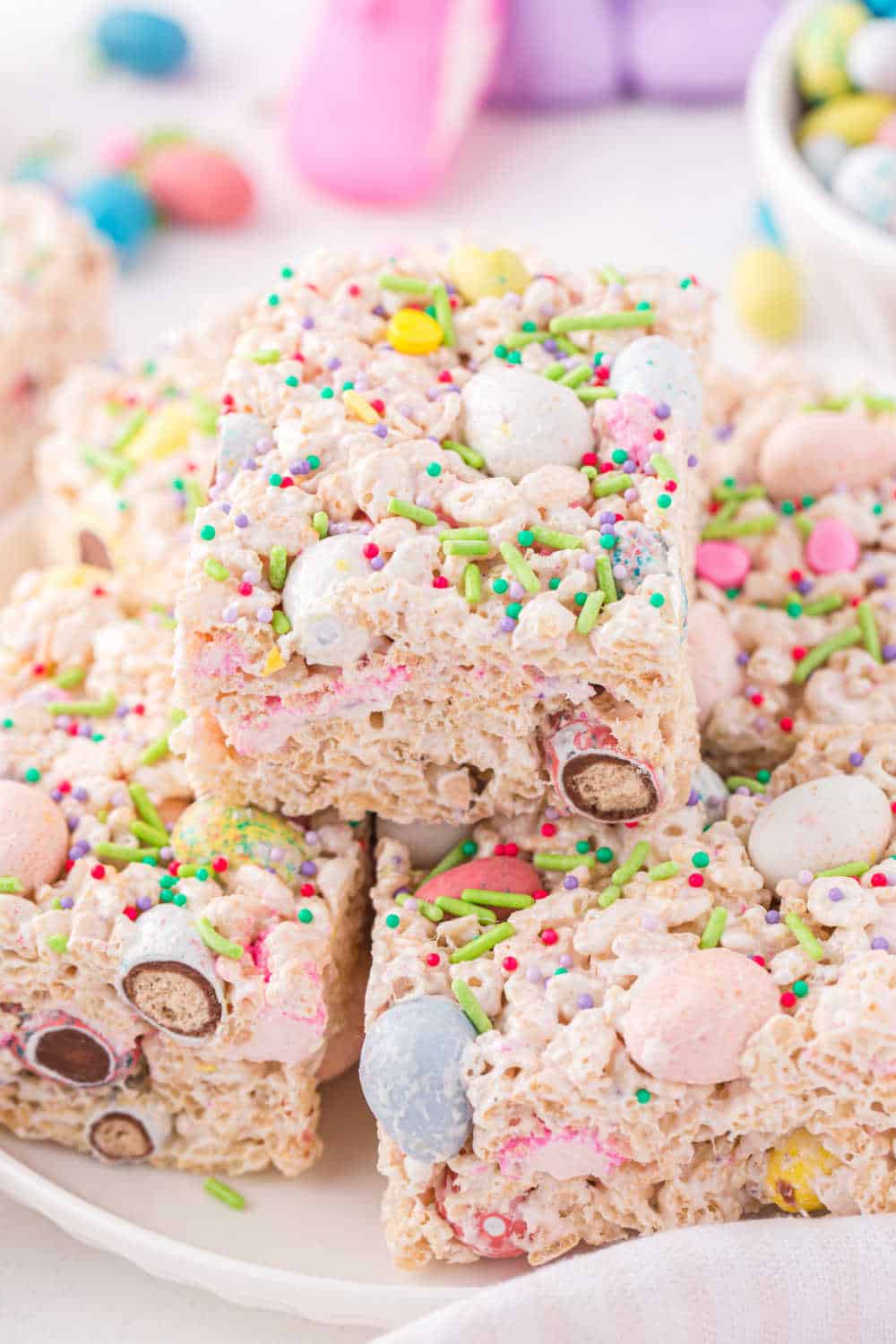 A plate of leftover easter candy rice krispie treats. 